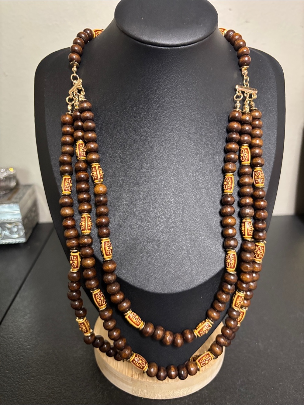 Handcrafted Lightweight Brown Wood Beaded Multi-Strand Long Necklace Boho